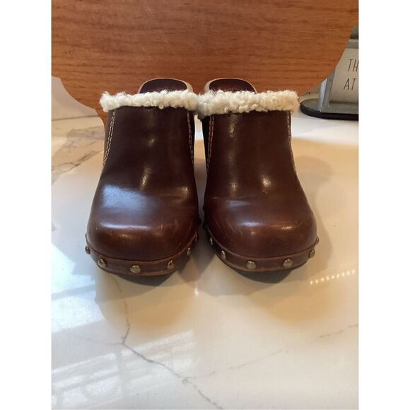 MIA Chunky Brown Leather Clog Sz 7 Faux Fur 90’s - Picture 2 of 9